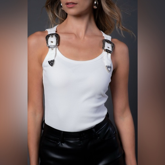 Women's White Tank Top with Buckle Straps - Picture 1 of 2